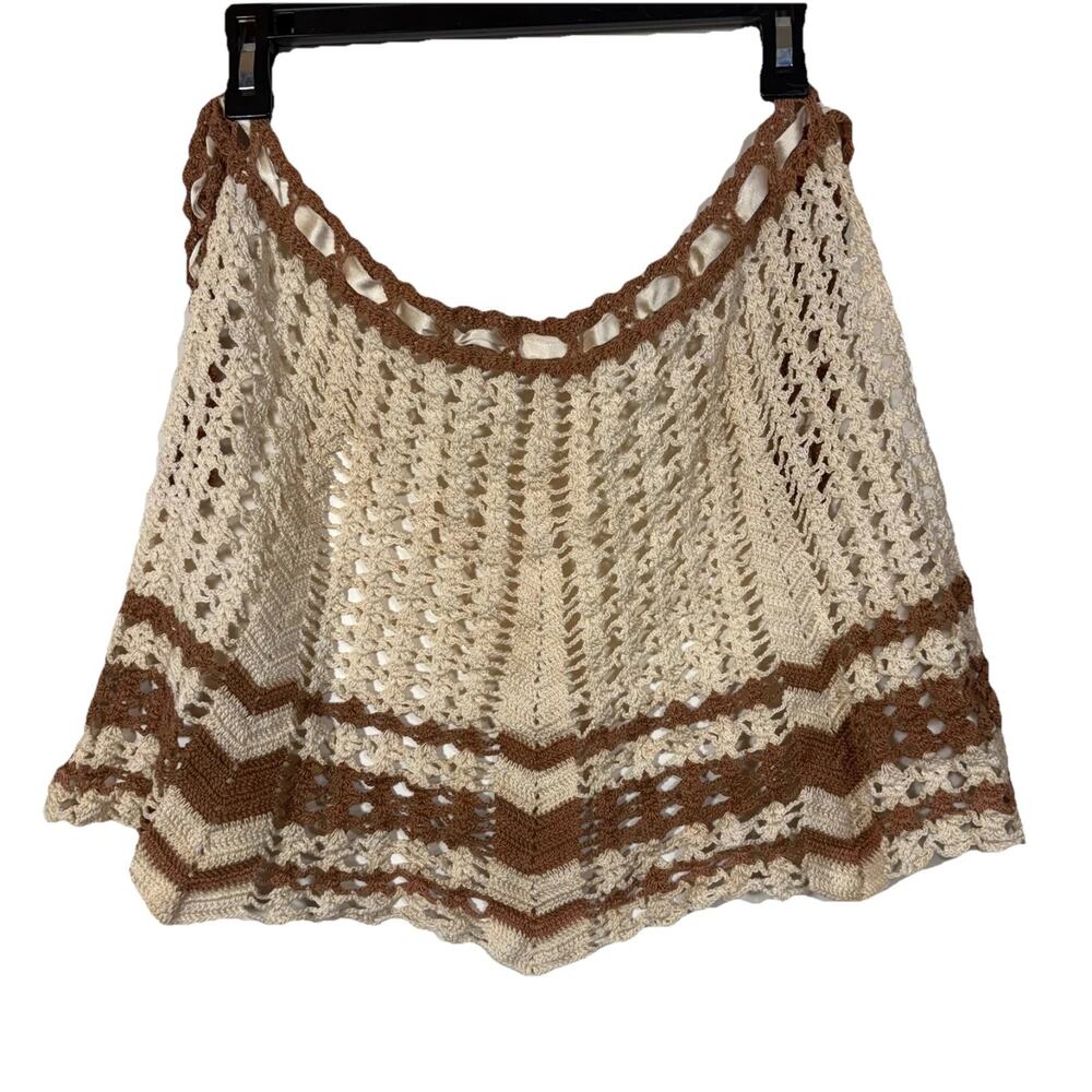 Vintage Crocheted Tan and Brown Striped Scalloped Waist Apron Handmade Retro